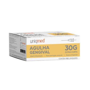 Imagem de Agulha Gengival Aço Inoxidável 100 Unidades Uniqmed, 30G 0,30x0,16nn E