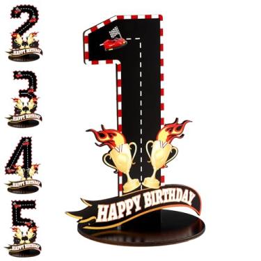 Imagem de Logotipo Número Aniversário Carro Corrida, Peça Central Madeira Tema Raça com Padrões Pista Corrida e Troféus para Decoração Festas Aniversário Acessórios para Fotos(Número 1)