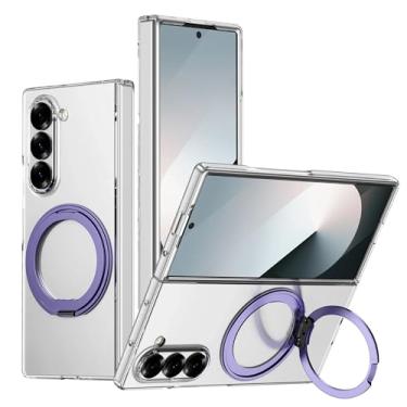 Imagem de Capa para Galaxy Z Fold 6 com suporte magnético giratório 360°, transparente, rígida e à prova de choque, capa para carregamento sem fio (para Galaxy Z Fold 6/suporte roxo)