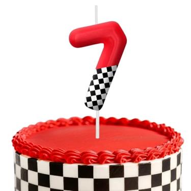 Imagem de Velas de aniversário de carro de corrida, decoração de topo de bolo de 6 cm, bandeira quadriculada número 7 velas, decorações de aniversário, decorações de bolo de festa de aniversário, suprimentos de