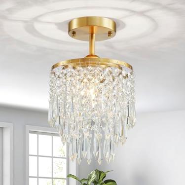Imagem de Saint Mossi Lustre de cristal dourado para quarto, luminária de teto pequena para sala de jantar, luminária pendente moderna para hall de entrada, armário, lustre para foyer, armário, L8xL8XH13