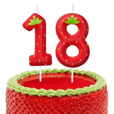 Imagem de Velas de aniversário de morango, decoração de topo de bolo de 6 cm, número 18 velas, decorações de aniversário, decorações de bolo de festa de aniversário, suprimentos de festa