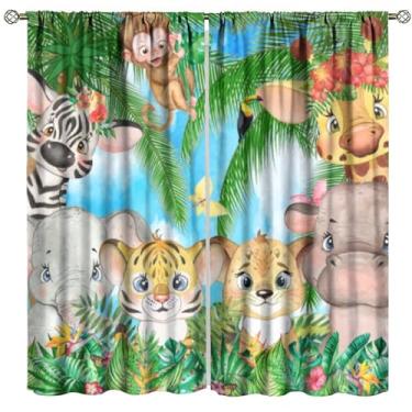 Imagem de Fblifil Cortinas de vida selvagem tropical para crianças, desenhos animados, floresta, elefante, animais fofos para bebês, meninos, quarto, berçário, meninas, sala de jogos, varão, bolso para varão