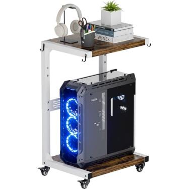 Imagem de Ansionsol Suporte de torre de computador, suporte de CPU de metal de 2 camadas com rodas bloqueáveis, prateleira ajustável sob a mesa, carrinho de computador móvel para casa, escritório, jogadores e