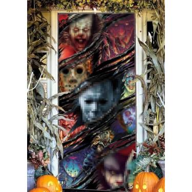 Imagem de Decoração de capa de porta de faixa de filmes de terror de Halloween, decoração de suprimentos de festa de aniversário de filme de terror clássico, faixa de porta de personagem de filme assustador 2 x