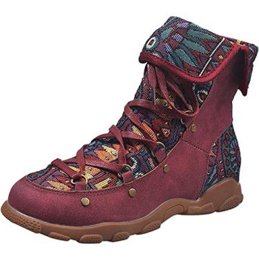 Imagem de Botas de cano curto boêmias femininas estilo folclórico com cadarço para manter quente bico redondo confortável cowgril botas de combate, Verde militar, 9.5