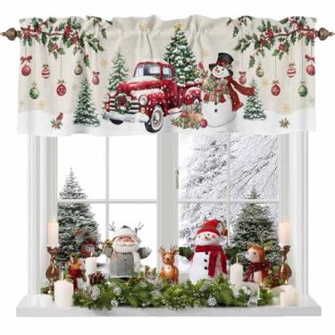 Imagem de Cortina de sanefa de Natal para cozinha, boneco de neve com caminhão, bolas de Natal, cortinas com bolso para varão, tratamentos de janela para cozinha, banheiro, quarto, 106 x 30 cm