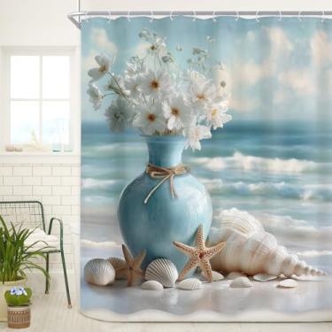 Imagem de Cinbloo Cortina de chuveiro azul oceano praia 60Lx72H flor branca vaso azul-petróleo litoral mar paisagem havaiana estrela mar cenário concha cenário conjunto de cortina de banheiro paisagem marítima