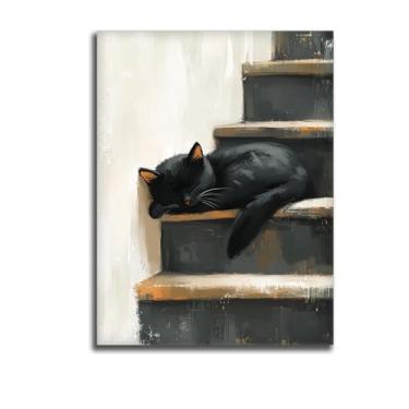 Imagem de CANLUNTE Arte em tela digital de gato fofo moderno - design de gatinho dormindo na escada, 45 x 61 cm, pronto para pendurar, decoração de sala de estar (arte 3 x 91 cm emoldurada)