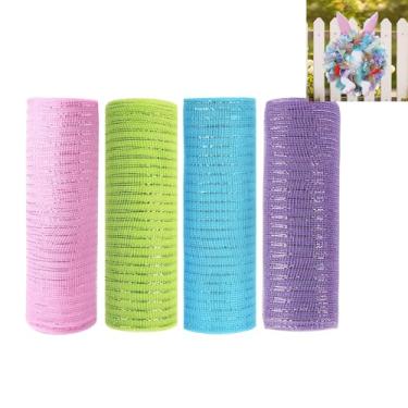 Imagem de JStnana 4 rolos de malha decorativa de Páscoa para fazer guirlandas de 25,4 cm x 7,6 m cada rolo de fita metálica de malha de poliéster rosa verde azul roxo artesanato de malha decorativa para