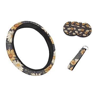 Imagem de Drydeepin Capas de volante de margarida com 2 unidades de porta-copos de carro e chaveiro, universal, 38 cm, boho cottagecore, protetor de volante, acessórios estéticos, conjunto com 4