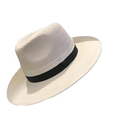 Imagem de Chapéu masculino Panamá retrô chapéu de palha de viagem guarda-sol fita Fedora clássico chapéu Fedora branco 56-58 cm tamanho adulto
