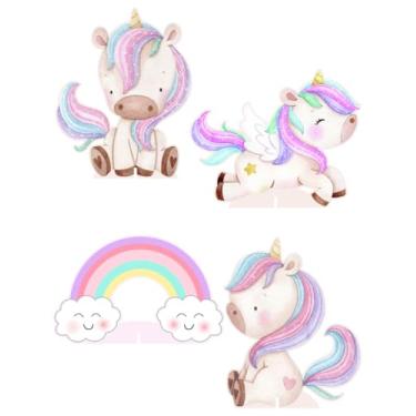 Imagem de KIT 4 Displays Unicórnio Aquarela 20cm - Vinil Fosco Sem Reflexo - Totem Decoração Festa Infantil Aniversário