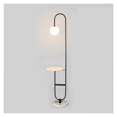 Imagem de Luminária de chão Candeeiro de pé em arco LED à base mármore real com mesa cabeceira e porta carregamento USB integrada para sofás sala estar quarto(Preto)