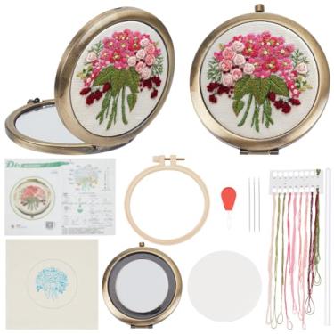 Imagem de PLIGREAT Kit de bordado de espelho DIY, kit de espelhos de ponto cruz estampado de hortênsia, espelho de maquiagem floral vermelho para mulheres iniciantes, artesanato faça você mesmo, espelhos de mão