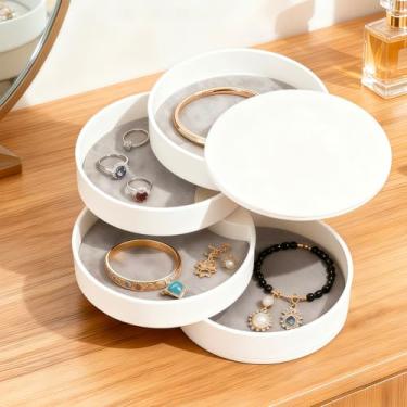 Imagem de Caixa de joias pequena, estojo organizador de joias de viagem giratório de 5 camadas para brincos, anéis, colares, pulseiras, presente para mulheres (branca)