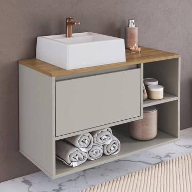 Imagem de Balcão Gabinete de Banheiro Suspenso 80cm 1 Porta e Nichos com Cuba Barcelona Arenas