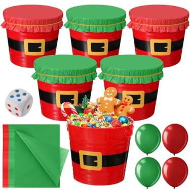 Imagem de Vinsot Conjunto de 67 peças de suprimentos para jogos de Natal, cinto de Papai Noel, balde de plástico com dados grandes, balões vermelhos e verdes e envoltórios de papel de seda para Natal, inverno