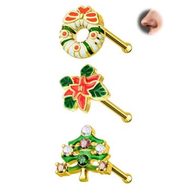 Imagem de Jewseen 3 peças de piercing de nariz de Natal de 20 g de aço inoxidável 316L brincos de osso de nariz 7 mm joia fofa piercing de narina de Natal delicado para mulheres