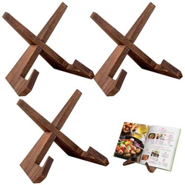 Imagem de 3 suportes de exibição de placa de madeira, suporte de livro de receitas com cavalete em forma de L, design de cruz resistente para sala de estar e cozinha