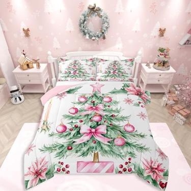 Imagem de Feelyou Conjunto de edredom de Natal rosa, tamanho casal, árvore de Natal, para crianças, meninos, meninas, enfeites de Natal, edredom com laço de floco de neve, decoração de quarto de microfibra, 3