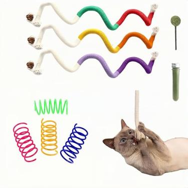 Imagem de Pacote com 9 brinquedos multigatos: brinquedos de erva de gato com molas coloridas e cordas de mastigar – Brinquedos de gato recarregáveis para gatos internos