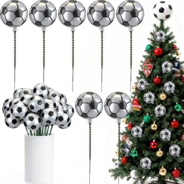 Imagem de Knitgrip 24 peças de enfeites de bola de futebol de 19 cm em palhetas com fio, palitos de árvore de Natal, tema esportivo, bolas de decoração de futebol para vasos, grinaldas, enfeite de árvore