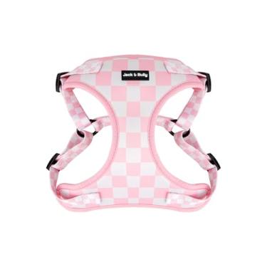 Imagem de Jack & Bully Peitoral para cães, colete sem puxão, de neoprene ajustável, macio com malha respirável, para todos os climas, buldogue francês, xadrez rosa (pequeno)