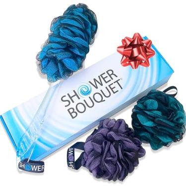 Imagem de Shower Bouquet Loofah-Charcoal Back-Scrubber e Bath-Sponge Color-Set By-Shower-Bouquet: 1 Escova Traseira de Cabo Longo Mais 2 Pufes Extra Grandes de Malha Macia de 75G, Masculino e Feminino - Limpeza Esfoliante com Buchas Xl Luffa Lufas