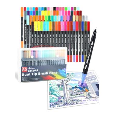 Imagem de AEDAGA Canetas de pincel de ponta dupla de 80 cores, ponta de feltro fino e pontas de pincel canetas coloridas para adultos, marcadores de colorir para livros de colorir, diário de balas, anotações