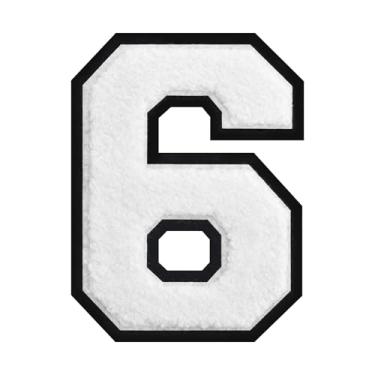 Imagem de Patch de número de chenille branco de 15 cm – aplique bordado grande universitário para jaquetas, camisas, moletons com capuz, bolsas e jeans – decoração de roupas DIY, uniforme de equipe e presente