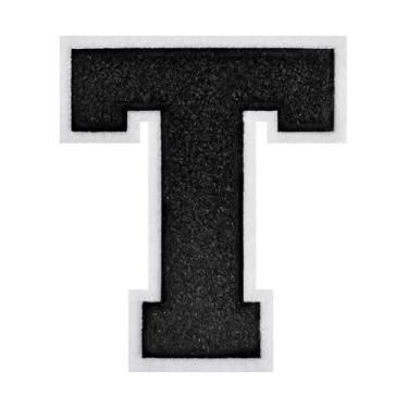 Imagem de 1 PÇ Patch de letra de chenille preto de 11,4 cm com borda branca – Remendos do alfabeto para roupas, jaquetas, mochilas, chapéus para decoração personalizada, nome personalizado e artesanato. (T)