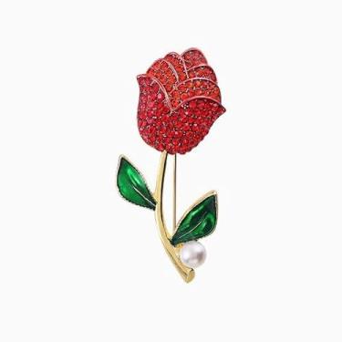 Imagem de Just Follow Broche de flor rosa vermelha com strass brilhante broche floral para mulheres blazer vintage vestido chapéu cachecol acessório, Large, Metal, Sem Pedra Preciosa