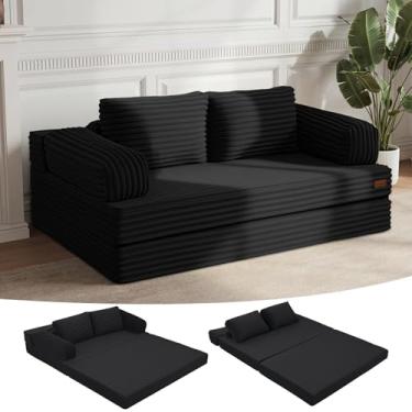 Imagem de MeMoreCool Sofá-cama conversível preto, sofá-cama dobrável Queen, sofá-cama com travesseiros, sofá futon dobrável de veludo cotelê para quarto, sala de estar, espaço pequeno