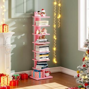 Imagem de TUTOTAK Estante de livros de 8 camadas, prateleira de livros de coluna estreita para espaços pequenos, prateleira de canto para sala de estar, escritório, escritório, entrada, rosa BS06BP008