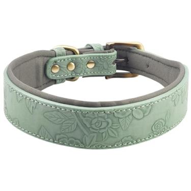 Imagem de GORGECRAFT Coleira de couro para cães de 59 x 4 cm com estampa em relevo vintage em couro PU em relevo coleira de cachorro verde mar confortável forro respirável presente para cães grandes, médios e