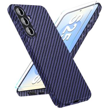 Imagem de Capa de fibra de carbono para Samsung Galaxy S25 Plus com protetor de tela Slim Fit para Samsung S25 Plus, capa de telefone resistente, durável, fina, híbrida, PC, capa de proteção rígida 5G (azul)