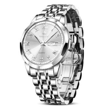 Imagem de OLEVS Relógio masculino à prova d'água com data e dia, analógico, quartzo, casual, número, clássico, luxuoso, escalas luminosas, 41 mm, rosto grande, fácil leitura, Reloj para Hombre, Relógio prata