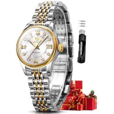 Imagem de OLEVS Relógios automáticos femininos luxuosos dourados e prateados de aço inoxidável fino com volante mecânico, fase da lua, mostrador azul e branco, à prova d'água, pulseira dourada e prata e