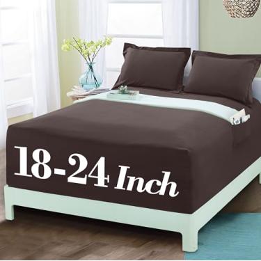 Imagem de Mocassi Lençol de elástico luxuoso 1800 premium de qualidade de hotel – Ultramacio, microfibra resistente a vincos, bolso extra profundo de 45 a 60 cm, lençol com elástico, casal, marrom