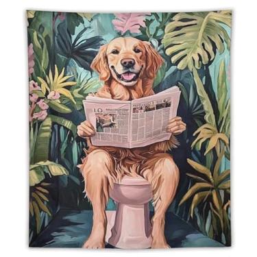 Imagem de Cão tropical retrô lendo jornal no banheiro tapeçaria engraçada pendurar na parede selva decoração botânica para banheiro hóspede banho homem caverna decoração de parede casa presente dormitório 50 x