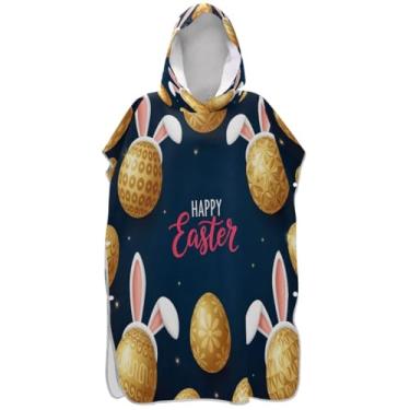 Imagem de Joisal Poncho de surfe para adultos trocador de roupa de praia com capuz toalha de banho masculina vestível poncho com capuz ovos de páscoa coelho azul marinho dourado