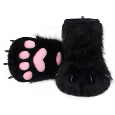 Imagem de HAOAN Pantufas de pata de animais peludos, botas felpudas, gatos, raposa, lobo, urso, garras, acessórios para cosplay de Halloween, Preto, Tamanho Único