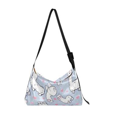 Imagem de Linda bolsa feminina de couro PU rosa panda Hobo bolsa transversal grande estampa animal bolsa feminina, Lindos corações alpacas cinza branco