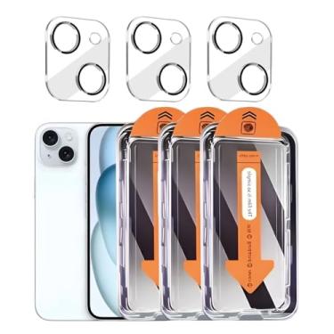 Imagem de Pacote com 3 protetores de tela de privacidade para iPhone 15 Plus [6,7 polegadas] + 3 protetores de lente de câmera com moldura de instalação, compatível com ilha dinâmica, vidro temperado privado