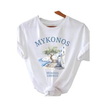 Imagem de Camiseta Casual De Manga Curta Com Estampa Grega Branca E Azul Claro D