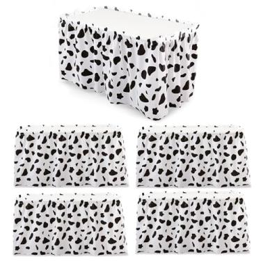 Imagem de Hahafelt Pacote com 5 saias de mesa de plástico com estampa de vaca de 73 x 400 cm para mesas retangulares, saias de mesa descartáveis com estampa de vaca preta e branca com faixa adesiva para festa
