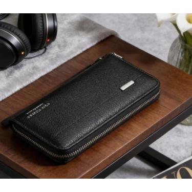 Imagem de Carteira masculina de camurça com estampa magnética longa preta de grande capacidade, design longo moderno com fecho magnético, padrão de camurça em relevo e grande capacidade