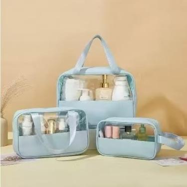 Imagem de Kit 3 Bolsas de Higiene Portátil Transparente para Cosméticos e Produtos de Higiene Pessoal – Ideal para Viagem(Kit 3 bolsa sem letras-azul)