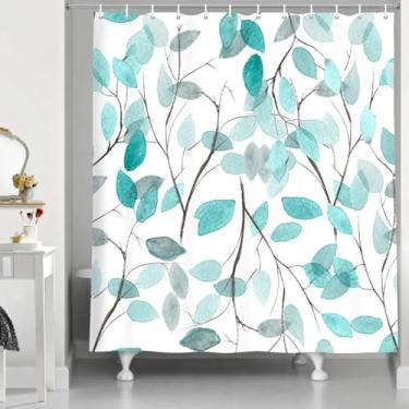 Imagem de Cortinas de chuveiro de folha azul-petróleo estilo primavera famhouse planta azul verde folhas para a natureza conjunto de cortinas de banheiro tecido impressão 260 x 200 cm/LxA cortina de chuveiro